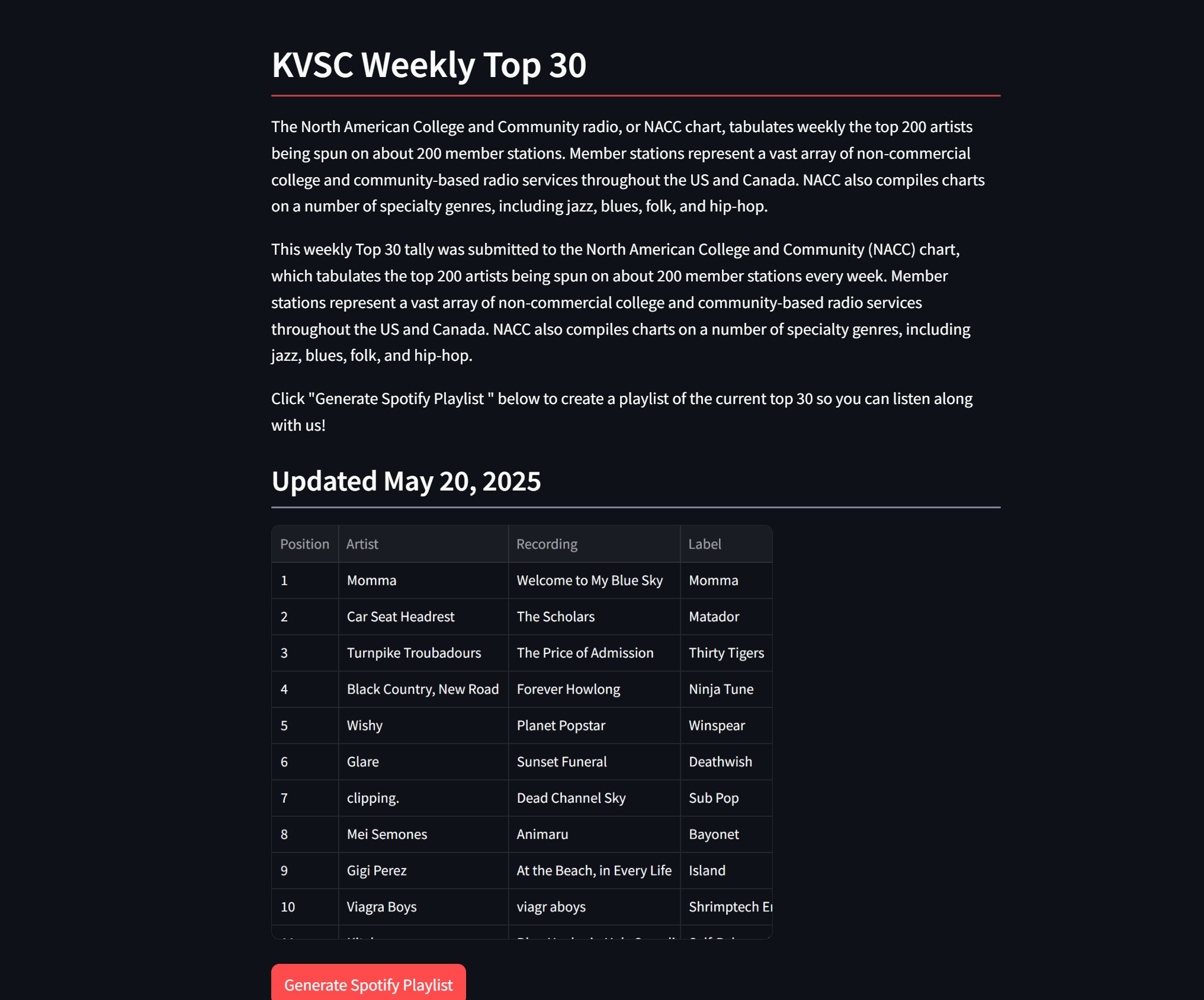KVSC Spotify Playlist Generator Screenshot